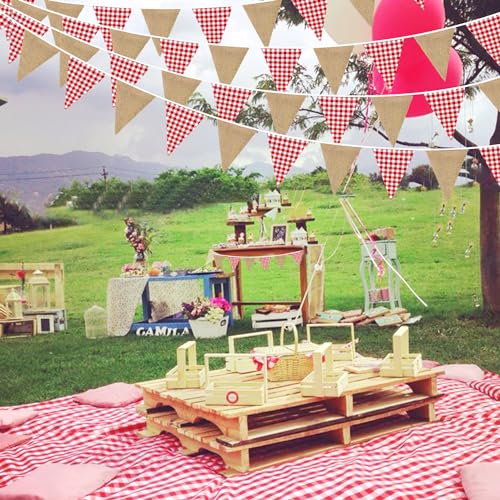 Image of 26Ft Red Plaid Burlap Banner Red Checkered Burlap Pennant Triangle Flag Garland Streamers Vintage Fireplace Wall Hanging for Rustic Birthday Wedding Baby Shower Engagement Boho Picnic Camping Decor