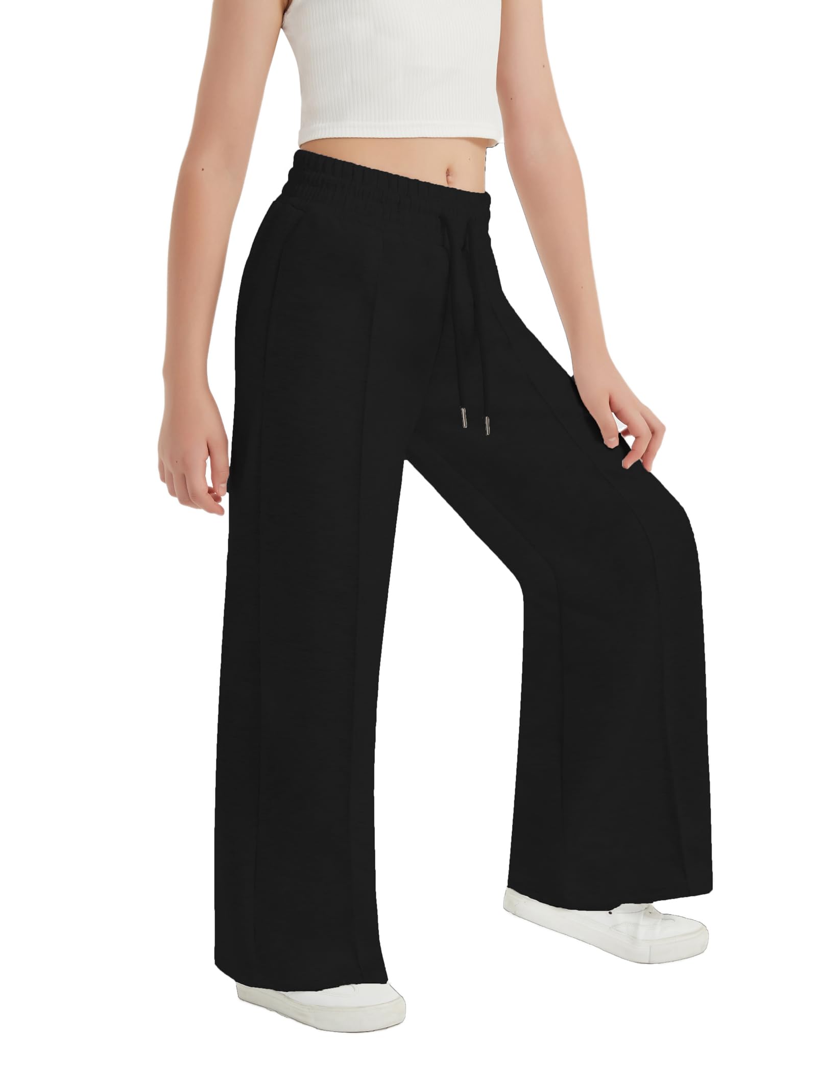 EXARUS Pantalones deportivos para niñas con costura frontal, cordón de ajuste, cintura alta, pierna ancha, holgados, casuales, cintura alta, 6-14 años