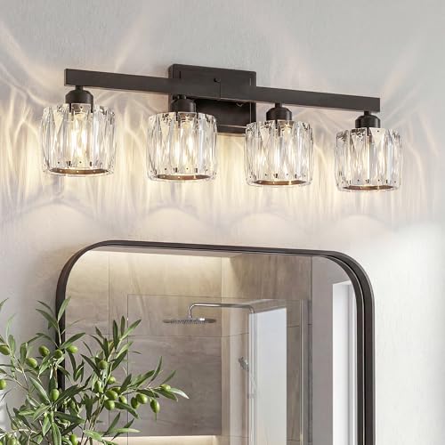 Image of VOLISUN Crystal Vanity Lights for Bathroom, 4 Light Bathroom Vanity Light, Modern Matte Black Bathrooms Light Over Mirror, Black Bathrooms Lights Fixtures-UL Certificated(Exclude Bulb)