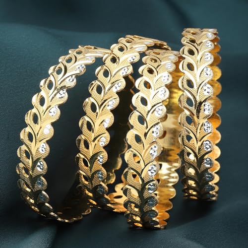 Set Of 4 Brass Dual Tone Leaf Textured Bangles for Women