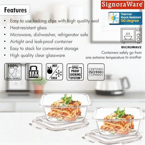 Image of Signoraware Safe Store Glass Square Containers | Airtight & Leakproof | Microwave Safe | Ideal for Reheating, Baking or Serving | Best for Office Lunch & Outdoor Activities (320mlx2 | Setof2 | Clear)