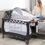 Xilingol 4-in-1 Pack and Play with Retractable Canopy, Portable Baby Crib with Carry Bag, Nursery Center with Changing Table, Baby Bassinet for Newborn to Toddlers, Grey