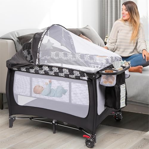 Image of Xilingol 4-in-1 Pack and Play with Retractable Canopy, Portable Baby Crib with Carry Bag, Nursery Center with Changing Table, Baby Bassinet for Newborn to Toddlers, Grey