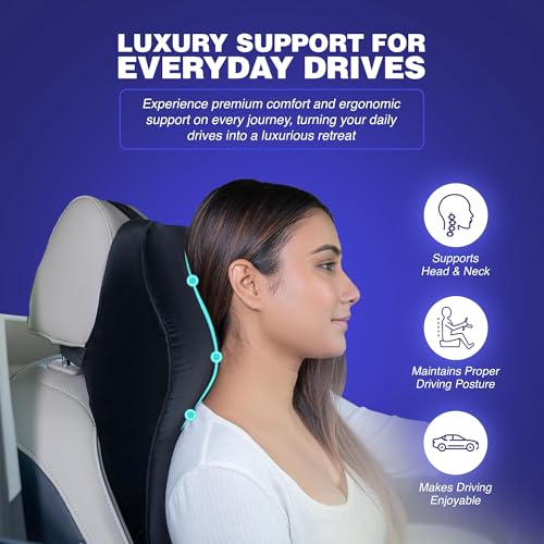 Image of WELLGIVER Orthopedic Memory Foam Car Neck Rest Pillow - Cervical Support Cushion for Neck Pain Relief, Adjustable Strap - Universal Fit for All Cars | Black Velvet
