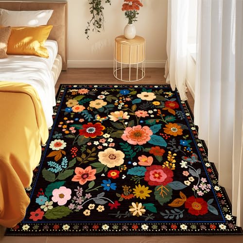 Floral 3x5 Area Rug Machine Washable Soft Print Boho Carpet Non Slip Doormat Low Pile Flower Area Rugs for Living Room Bedroom Nursery Kitchen Dining Room Indoor-Black