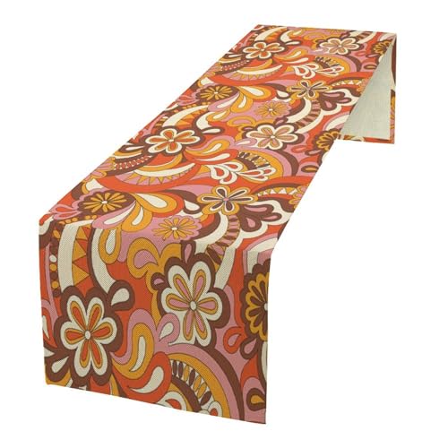 Vintage Groovy Floral Table Runner Nostalgic Retro Hippie 70s Wavy Abstract Flowers Dinner Runner for Home Kitchen Dining Table Holiday Party Decor 13'x60'