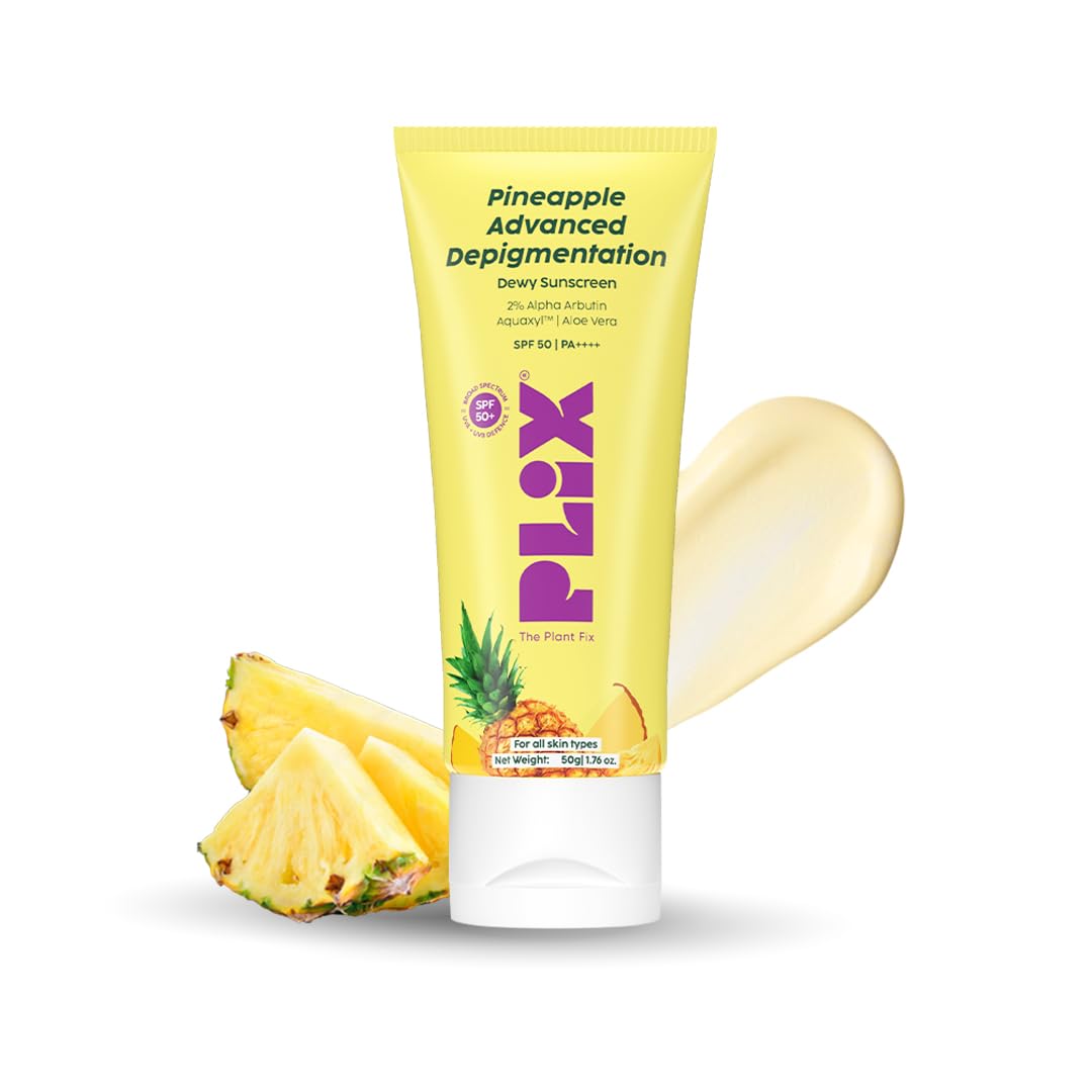 PLIX - THE PLANT FIX Pineapple Advanced Depigmentation Dewy Sunscreen SPF 50 PA++++ | Alpha Arbutin & Aquaxyl | Reduces Pigmentation, Protects from UV & Blue Light, Hydrates Skin | Vegan & Paraben-Free | 50g