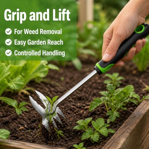 2-in-1 Stainless Steel Garden Weeder Puller, Heavy-Duty Weeding Tool with 4 Forked & Double Hook Teeth, Ideal for Lawns, Patios & Flower Beds, for Weeding, Tilling & Soil Loosening (Green-Small) - Image 3