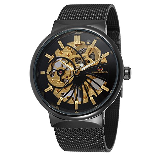 FORSINING Montre mécanique à remontage manuel pour homme - Bracelet en acier inoxydable - Maille squelette, Bracelet