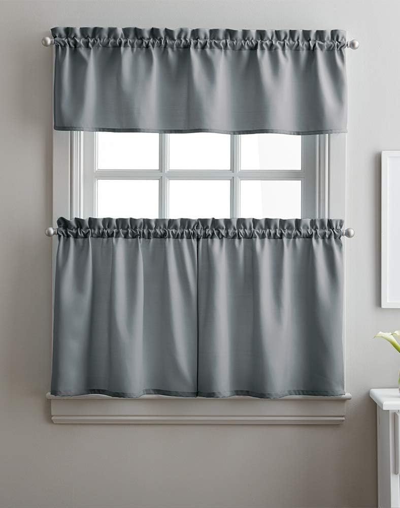 Curtainworks Solid Twill 3-Piece Kitchen Curtain Set, Rod Pocket, 29W x 36L Tier Pair, 58W x 12L Valance, Black