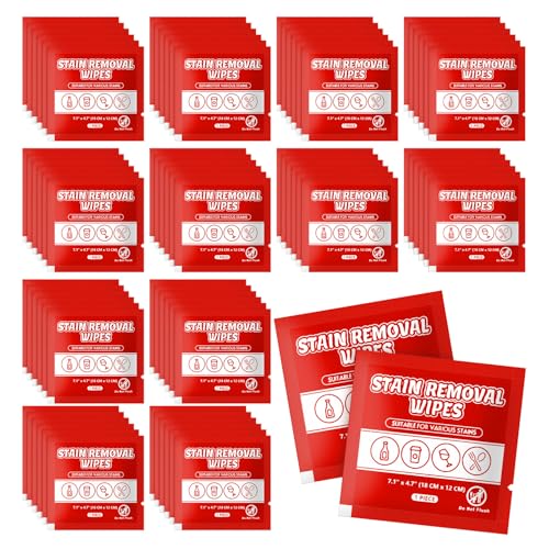 Image of Stain Remover Wet Wipes Bulk, Individual Wrapped Clothes Portable Travel Messy Eater Cleaning Laundry Stain Removal Wipes Pocket Size for Clothing Fabric /Shoes /Wine /Fast Food 7.1 x 4.7 Inch (Red 100)