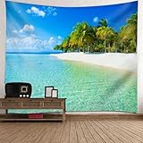 Gualiy Paño de pared 200 x 200, tapiz de palmera, mar, playa, paisaje, para dormitorio, salón, azul y verde