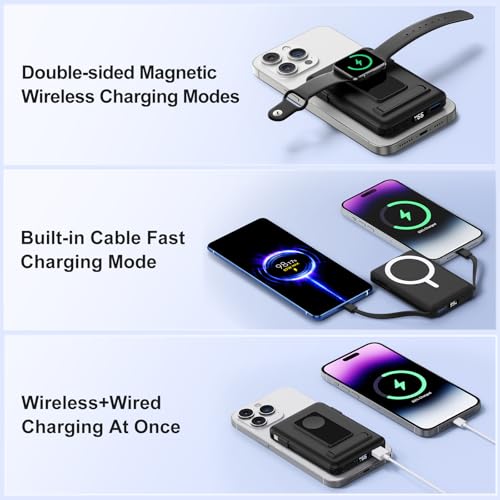 Vexnara para Magsafe Powerbank, 10000mAh Magnético Bateria Externa Carga Rapida, Inalámbrica Bateria Portatil con Cables, Bracket y Pantalla LED para iPhone 17-12 Series et Apple Watch Series(Negro) - imagen 7