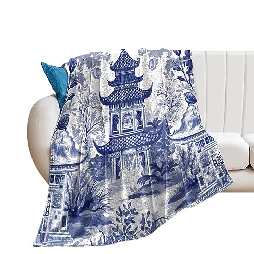 Popeven 84ZWVJTLKGFK 60X80In Flannel Fleece Throw Blanket For Couch Office Bed Chinoiserie Blue And White Asian Pagoda And Floral Lightweight Plush Fuzzy Cozy Soft Blankets And Throws cover