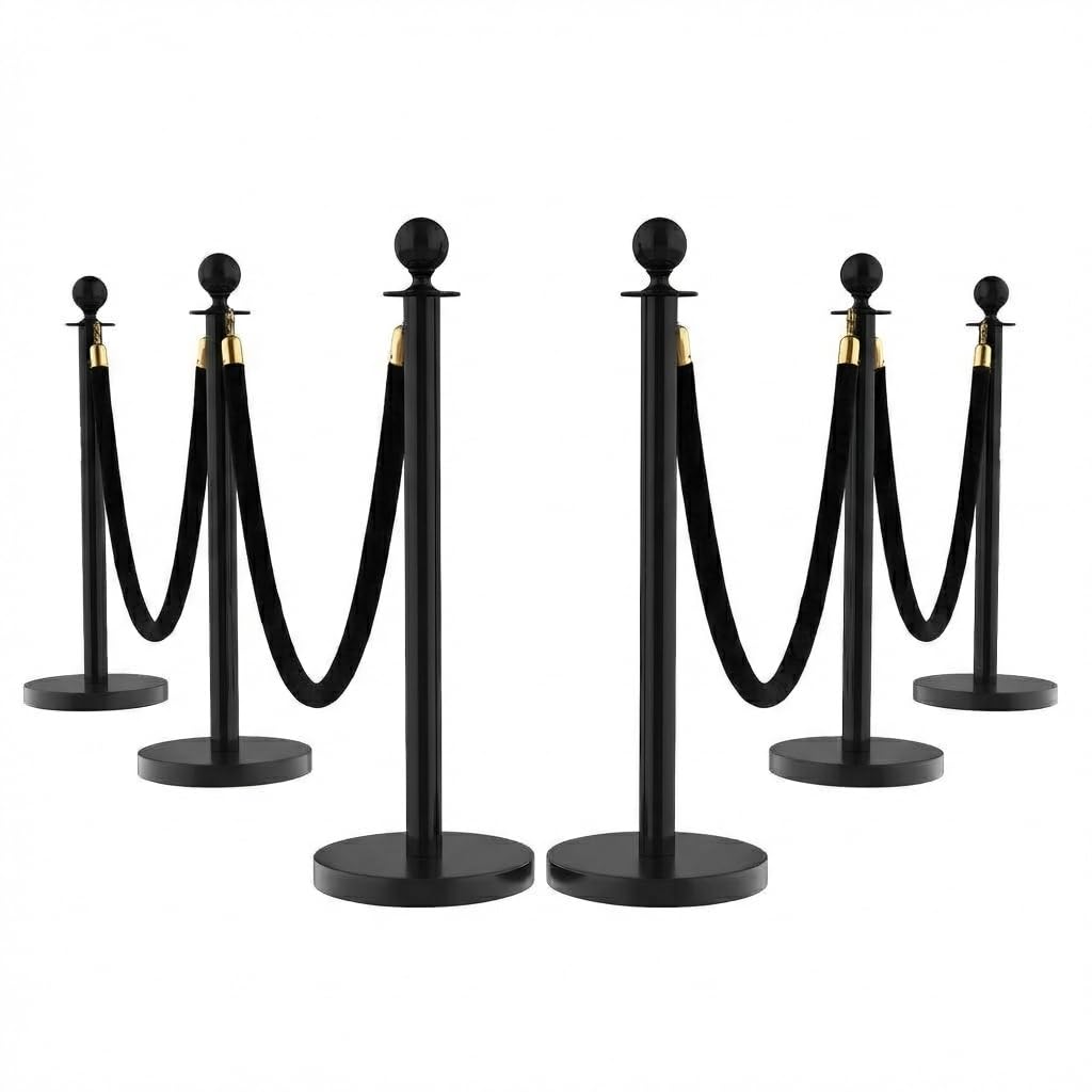 Postes de barrera de acero inoxidable con cuerda – Soporte para delimitación de cabeza esférica para eventos, jardín y césped, cierre decorativo, color negro, 6 unidades