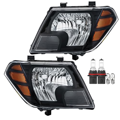Headlights Assembly with Bulbs for 2009-2020 Nissan Frontier Replacement Halogen Headlamps Black Housing Amber Reflector Pair Left+Right Side Replaces NI2502188 NI2503188 26010ZL40A 26060ZL40B