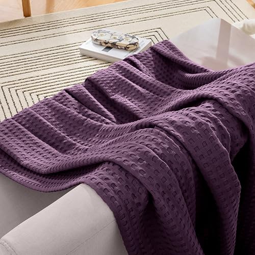 Image of Elegant Comfort Premium 100% Cotton Waffle Blanket - Lightweight Breathable Waffle Weave Bed Blanket - Soft and Warm All Season Blanket for Couch, Sofa and Bed, Full Size 88x88 Inches, Purple