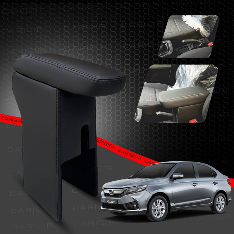 Image of Carigiri Premium Finish Car Armrest with Storage Box And High Density Moulded Foam For Honda Amaze (Models-2018-2024) (Black With Black Double Stitching,Nappa Leatherette)