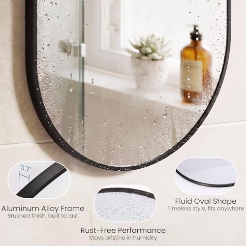 Image of Sweetcrispy 20 inch x 30 inch Black Bathroom Mirror for Wall, Oval Wall Mirror with Metal Frame, Tempered Glass, Modern Vanity Mirror for Over Sink, Living Room, Bedroom, Entryway, Horizontal or Vertical