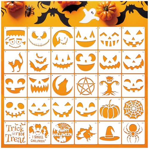 Pumpkin Stencils for Painting Reusable Halloween Pumpkins Ghost Face Paint Templates on Wood Glass Crafts Cookie Baking Door Hanger Sign Decorating (face30)