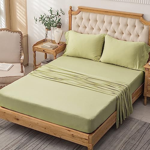 PURE ERA Jersey Knit 4pc Bed Sheet Set 100% T-Shirt Cotton Super Soft Comfy Breathable Fits Mattress Up to 20" Extra Deep Pocket (Solid Mocha Green, Queen)