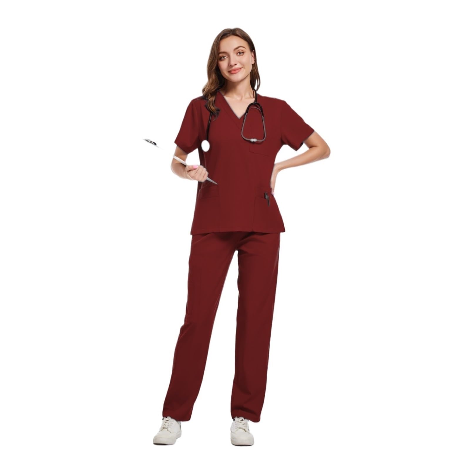 Uniforme da Infermiera Uniforme da Infermiera Donna Felpa da Medico ospedaliero Pantaloni da Allattamento Uniformi da Officina Unisex Abiti da Lavoro di Bellezza(Wine Red,M)