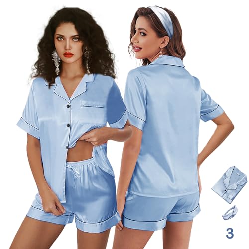Image of 3Pcs Silk Pajamas XS-4XL Womens Satin Pajama Short Floral Sleepwear Bride Soft Pj Lounge Sets Pjs Shorts Set