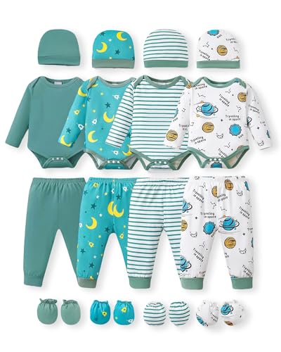Image of NZRVAWS Newborn Baby Boy Girl Clothes Unisex Infant Romper Pants Set Hat 4-Pack Outfits 0-12 Months 16 Pieces Toddler