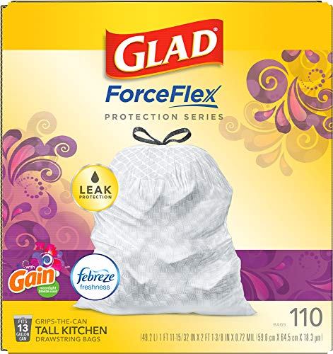 Glad Protection Series ForceFlex Tall Kitchen Drawstring Trash Bags – 13 Gallon White Trash Bag, Gain Moonlight Breeze Scent with Febreze Freshness – (Package May Vary) 110 Count