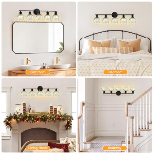 Image of Bathroom Light Fixtures, 5-Light Brushed Black Vanity Lights for Bathroom with Blue Tulip Glass Shade, 30 inch Vintage Bathroom Vanity Lighting Fixtures Over Mirror for Bedroom Living Room Hallway