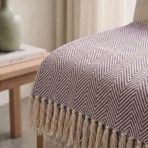 Image of SAJAVAT HOME Hand-Knitted Cotton Sofa Throw | White & Purple with Tassel Design for 3 & 5 Seater Sofa & Bed | Soft Lightweight All-Season Throw Blanket (80x52 Inches)