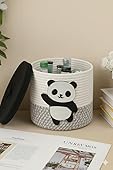 Jute Basket For Storage Cotton Rope Toys Basket With Lid Handwoven Natural Foldable Laundry Hamper for Home, Office, Living Room Size 10x10 inch (PANDA)