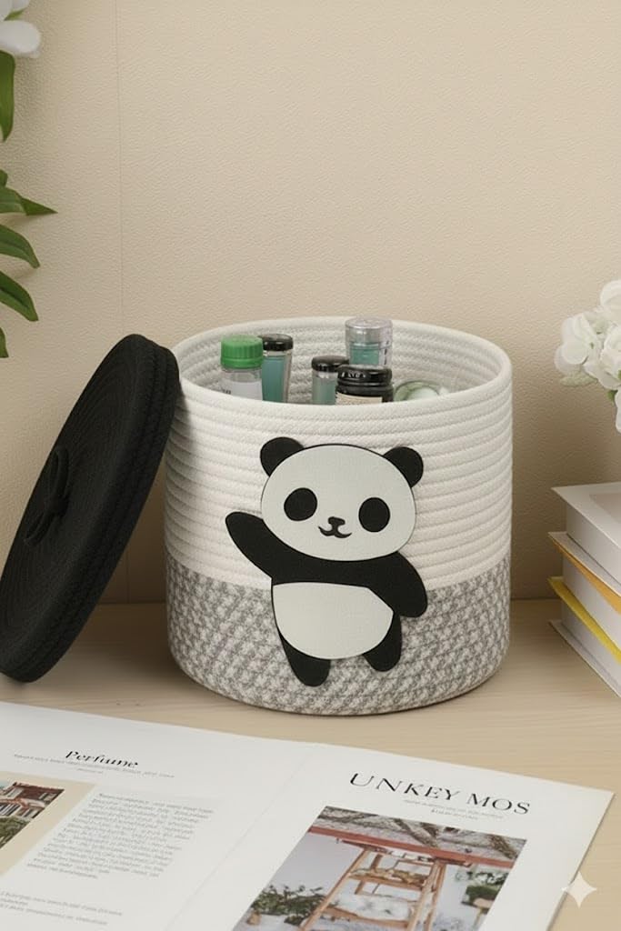 Jute Basket For Storage Cotton Rope Toys Basket With Lid Handwoven Natural Foldable Laundry Hamper for Home, Office, Living Room Size 10x10 inch (PANDA)-picture-15