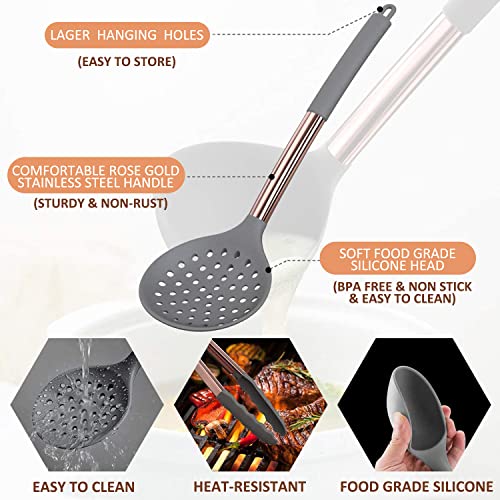 Silicone Cooking Utensil Set, Fungun 24pcs Silicone Cooking Kitchen Utensils Set, Non-stick Heat Resistant - Best Kitchen Spatulas Set with Copper Stainless Steel Handle -Gray(BPA Free, Non Toxic)