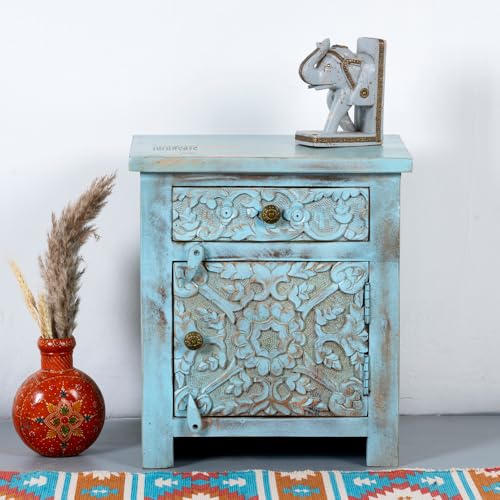 Image of Wooden Bedside Table for Bedroom with Drawers | Solid Wood Handcrafted Bed Side Table with Drawers | Side Table for Living Room | Traditional Rajasthani Art (Blue Distress)