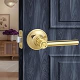 LOQRON Polished Gold Round Style Door Handle with Privacy Locking, Privacy Reversible Door Lever for Bathroom or Bedroom Door, Polished Brass Finish