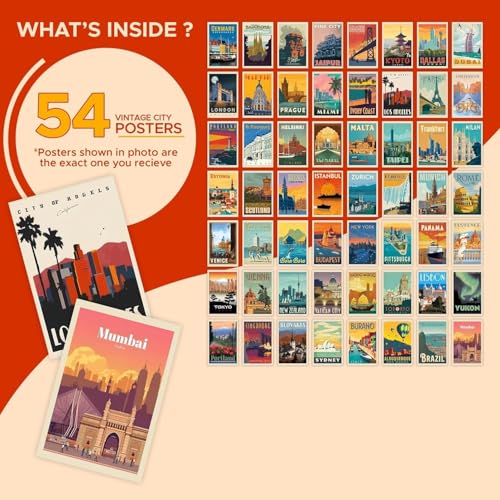 Image of Pack of 54 Travel Vintage Decor Posters Retro Popular Cities Poster for Wall Decor Aesthetic Post Cards (City Wall Collage Kit), 15.2 x 10.2 x 15.2 Cm
