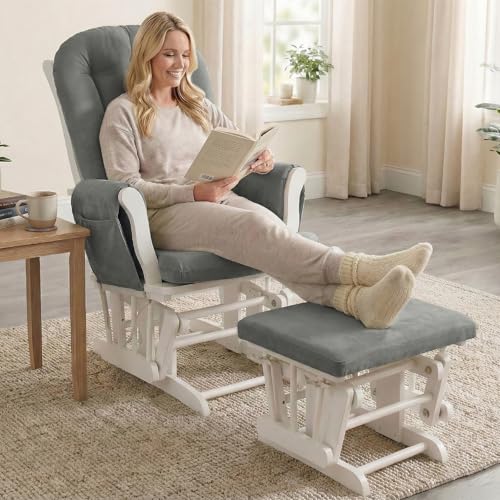 Image of 5PCS Suede Glider Rocker Replacement Cushions with 29.5 inch High Backrest & Side Pockets, Thickened Soft Glider Rocking Chair Cushions with Ottoman Cushion for Indoor Nursery Rocking Chair, Grey