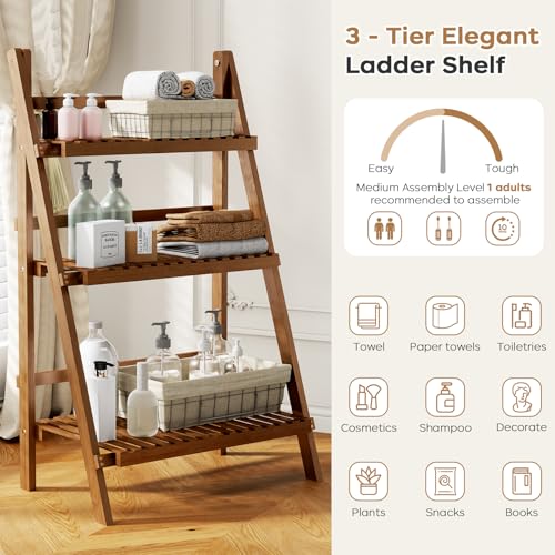 Image of 39.4 inch Bamboo Ladder Shelf Plant Shelf, 3 Tier Foldable Ladder Flower Pot Display Shelf Rack, 23.6 inchW x 15 inchD x 39.4 inchH, Freestanding Bookshelf for Garden, Balcony, Yard, Patio, Lawn, Living Room, Walnut