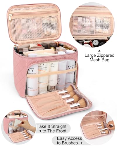 Relavel Makeup Bag, Large Makeup Bag Organizer, Travel Cosmetic Bag with Adjustable Dividers for Women, Washable Train Case with Makeup Brush Holders, Nude Pink - Thumbnail 2