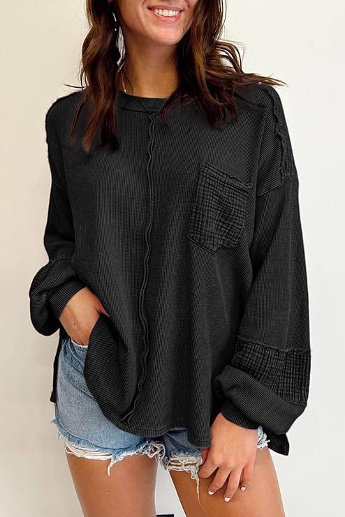 Image of Waffle Knit Long Sleeve Oversized Sweatshirt for Women Exposed Seam Patchwork Side Slit Pullover Sweaters for Women Fall Tops