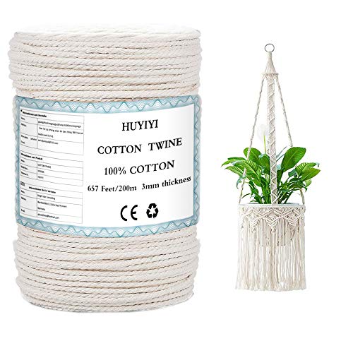 HUYIYI Corde en Macramé, Corde en Coton Naturel Fil de Macramé Coton Bohème Cordon pour Hanging Plant DIY Décoration,Corde en Coton Naturel pour Tricotage, Murale ou Suspension pour Plante (3mm-200m)