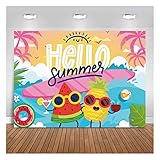 MAQTT 7X5FT Hello Summer Photography Background Hawaii Theme Tropical Palm Tree Ocean Fruit Cartoon Friends Birthday Party Decoration Backdrop Banner Photo