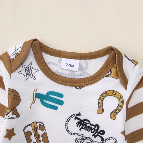 BOUTIKOME Infant Baby Boy Outfit Retro Cowboy Partner Howdy Graphic Rompers Newborn Onesie Jumpsuit Hat 2Pcs Set3