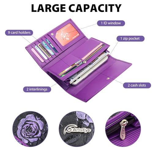 Roses Embossed Genuine Leather Trifold Wallet Purse (Purple)4