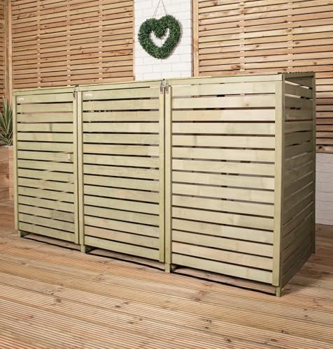 Image of 2.02m x 1.22m Large Wooden Outdoor Garden Triple Wheelie Bin Store Storage - Garden Bin Storage box, Wheelie Bin Hideaways, Bin Shed for 3 Bins (1 Single and 1 Twin)