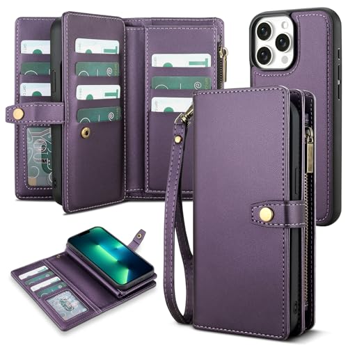 TwoHead for iPhone 13 Pro Max Wallet Case with 11 Card Holders,Deep Purple