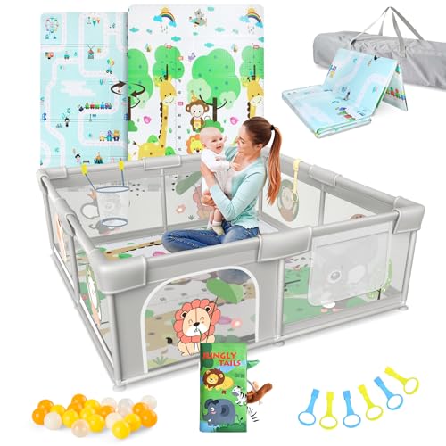 BELLEBEBE - Parque Infantil Bebe - 150x150cm - Corralito bebe con Alfombra Acolchada Plegable + 50 Bolas + Canasta de Juego + Libro Bebe Sensorial de Tela y 6 Agarraderas - Diseño animales de la Selva