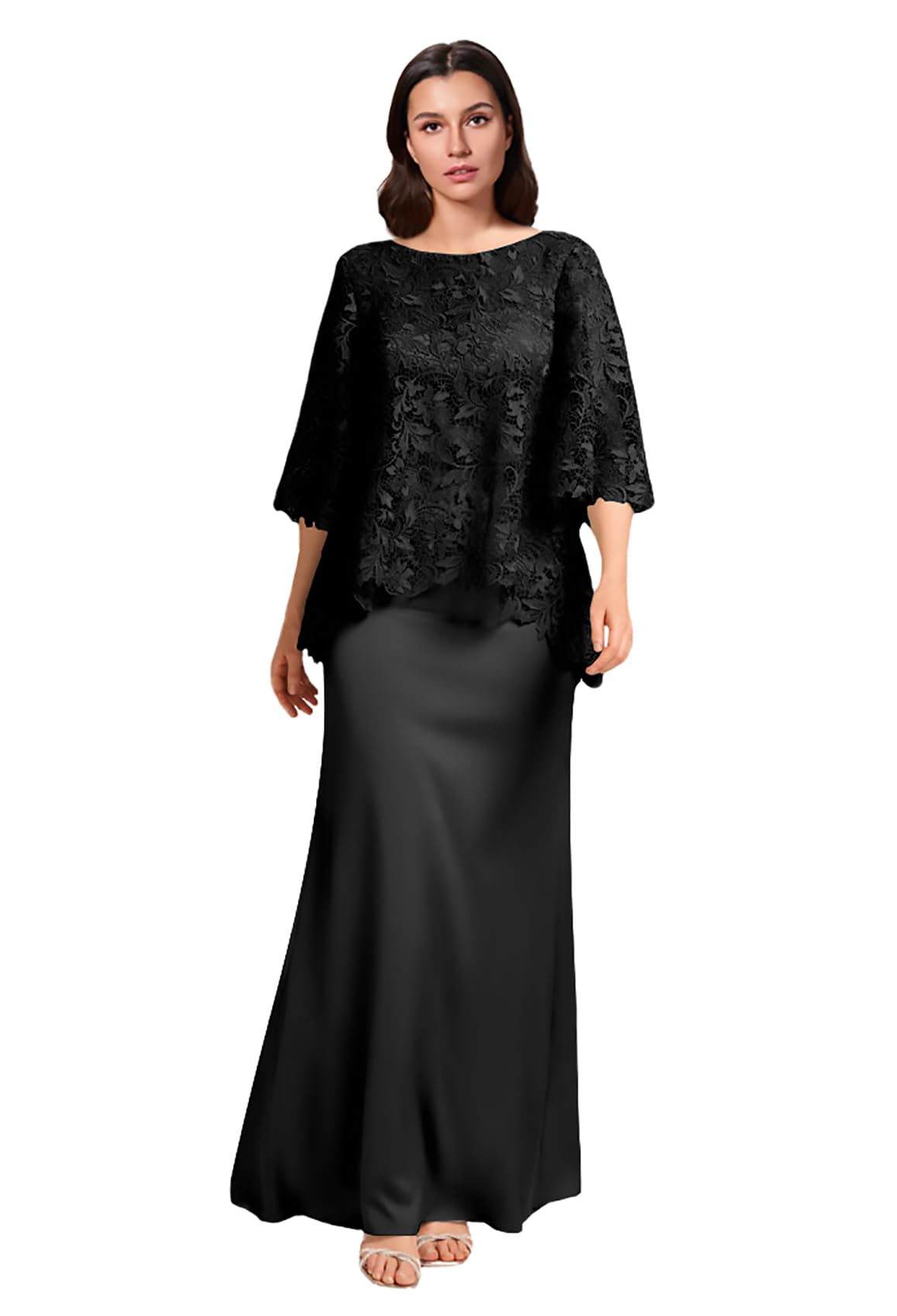 Bxqmzl Lace Applique Mother of the Bride Dresses Long Chiffon Formal Evening Gowns Round Neck Wedding Guest Dresses