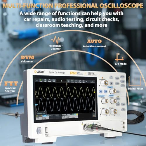 Image of OWON Digital Oscilloscope, 200MHz 2 Channel Digital Oscilloscope with 12-bit Vertical Resolution 1.25GSa /s Sample Rate 700,000 wfms /s Waveform Capture Rate OWON ADS822A